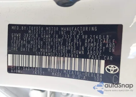 2025 Toyota Corolla Le из США, поврежденный, VIN 5YFB4MDE2SP287814